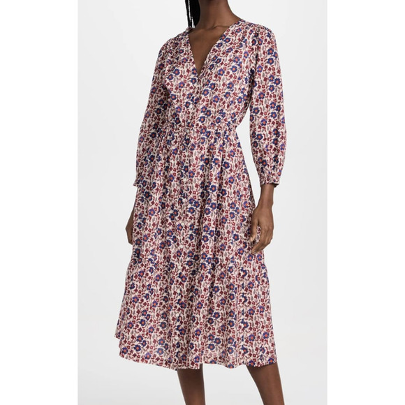 Trovata Birds of Paradis Floral Midi Dress L Ramie Cotton V-Neck Boho Peasant - Picture 11 of 11